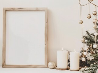 A blank wood frame sits on a white surface with two candles. a sprig of pine. and gold ornaments