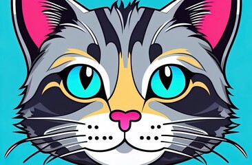 A vibrant cartoon cat face with striking blue eyes, gray and black striped fur, and pink inner ears against a bright background, perfect for expressive pet-themed illustrations