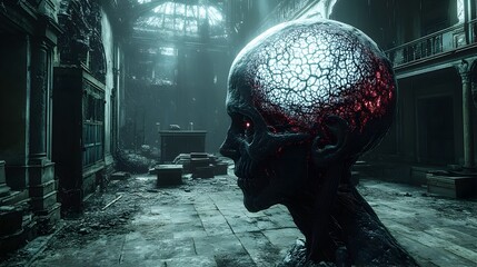Poster - Futuristic AI-powered mind-reading technology concept. Advanced digital interface manipulating and controlling human brains and thoughts. Cyberpunk,sci-fi,or dystopian future vision.