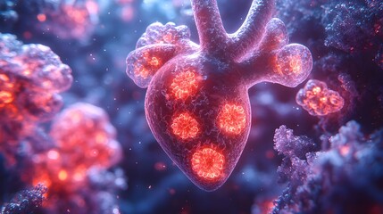 Aufkleber - Glowing Anatomical Heart Cell Structure with Virus Infection Concept. Digital 3D of a Detailed Microscopic View of a Human Heart Organ with Coronavirus or COVID-19 Particles Infecting the Cells.