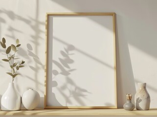 A blank poster frame with a wooden frame and white background is on a wooden shelf with two white vases and a small gray vase with wooden sticks on the shelf Sunlight streams through a window casting