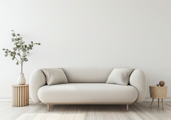 A minimalist living room with a white sofa. two wooden side tables. and a vase with green leaves The room has a white wall and wooden floor