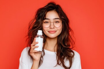 A young woman with wavy hair poses cheerfully against a red background while holding a skincare product