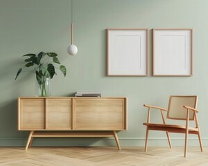 Minimalist living room interior with a wooden cabinet. two blank frames. a chair. and a green wall