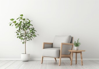 A minimalistic living room interior with a comfortable armchair. a small side table with a potted plant. and a large potted plant standing in the corner. against a white wall