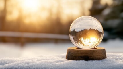 a snow globe atop a wooden stand in a snowy field's center trees surround the scene in the backdrop