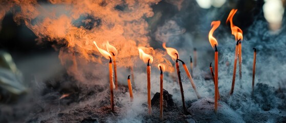 Incense sticks burn brightly, emitting smoke and flame, creating an atmosphere of spirituality and reflection.