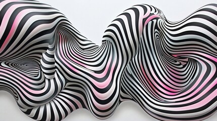 Abstract and hypnotic pattern of wavy black, white, and pink stripes