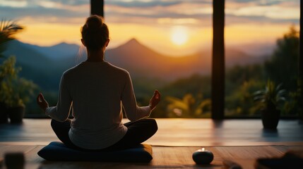 Silhouetted woman sitting in a meditative pose on a wooden deck overlooking a tranquil lake and mountains during a stunning sunset  Concept of inner peace mindfulness and connection with nature