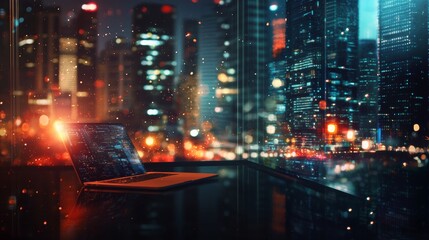 Laptop with code on screen in futuristic office at night