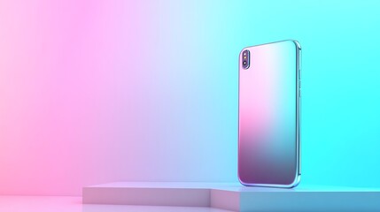 A modern smartphone stands on a white platform against a colorful blue and pink gradient background.