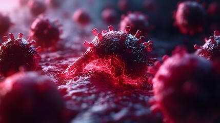 Leinwandbilder - Magnified view of microscopic coronavirus particles in a dark red and black background. Detailed close-up of the viral structure.