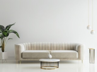 Minimalist living room interior with a beige sofa. a coffee table. a plant. and two hanging lights