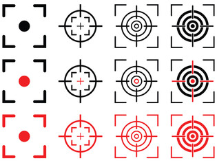 Set of Target Crosshair, gun sight vector icons. Bullseye, black and red target or aim symbol. Shooting mark sign. Archery, hunting and sports shooting. Game UI element. Isolated on white background.