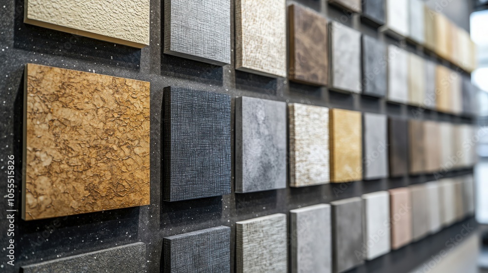 Tiles Variation Wall A collection of diverse wall tiles displayed in a modern interior ...