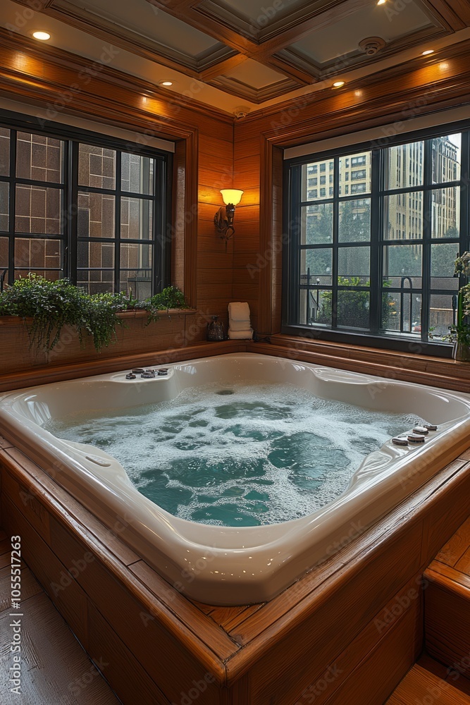 Relaxing jacuzzi bath with bubbles.