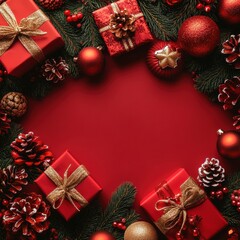 Festive holiday arrangement with red gifts, ornaments, and pinecones on a red background.