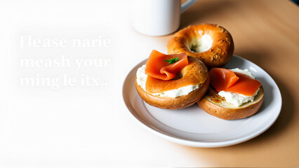 warm bagels topped with cream cheese and smoked salmon on a breakfast plate, creating a cozy morning vibe with room for text, great for banners