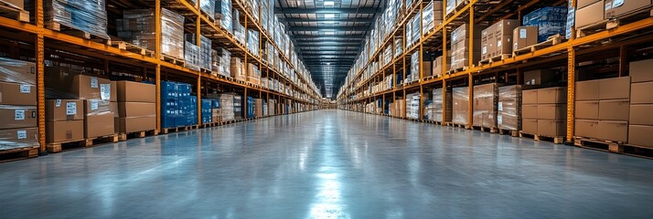 Poster - Panoramic view of a vast,organized and modern warehouse interior with rows of shelving units and stacked storage boxes.