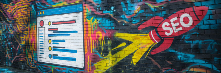 Graffiti Art Depicting SEO Rocket and Browser Interface on Colorful Wall
