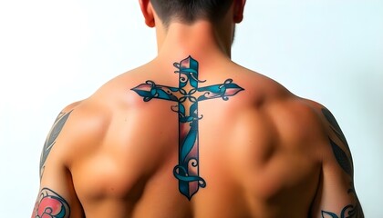 Cross  tattoo on back meaning faith, spirituality, and sacrifice isolated on a white background with copy space