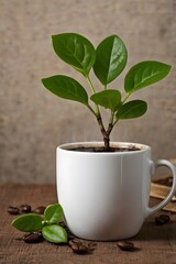 Green plant growing in white coffee cup on Wooden table, tranquil sense of calmness & connection with nature. botany leaf growth on indoor