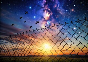 Poster - Night Photography of a Chain Link Fence Under a Bright Sky with Flying Birds, Capturing Serene Beauty and Nighttime Aesthetics in Urban Landscapes