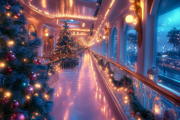 Cruise Ship christmas interior, festive garlands and ornaments, seasonal celebration in ship's lobby