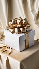 white gift box with golden ribbon on a soft gold clothed table display elegant presentation