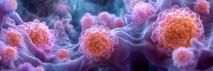 Aufkleber - Vibrant microscopic view of abstract biological structures and organic molecules. Visualizing the microscopic world of viral infection,disease prevention,and medical research concepts.