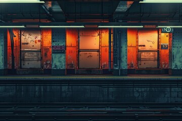 Wall Mural - Empty Subway Station Platform Metro underground interior with dark light. Neural network ai generated art