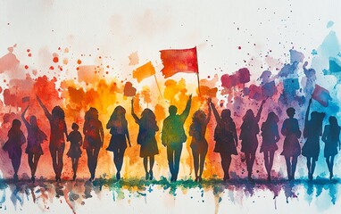 Energetic watercolor protest scene featuring young people rallying for human rights, gender equality, and environmental change