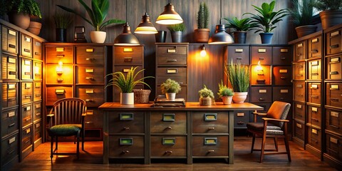 Vintage Metal Filing Cabinets Filled with Organized Index Cards and Documents in a Cozy Office Setting, Evoking Nostalgia and Orderliness in a Beautifully Lit Environment