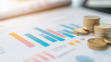 financial growth,Business Plan 2025 Revenue Strategy Optimization, clean white background with central revenue chart showing rising bars and arrows, icons of coins and stacks of money along bottom, pa