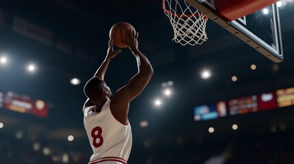 A basketball player jumps to score during an intense game in a packed arena at night