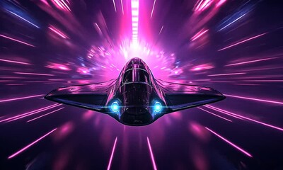 a futuristic spaceship traveling through a vibrant, colorful warp tunnel.