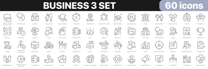 Leinwandbilder - Business 3 set line icons collection. Finance, job, teamwork, analysis, banking, money, start up icons. UI icon set. Thin outline icons pack. Vector illustration EPS10