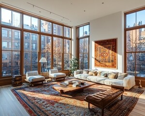 Inviting penthouse living room design with big windows, offering a bright and open layout complemented by chic decor and plush seating