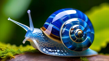 Blue snail crawling on vegetation