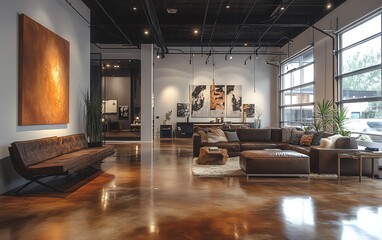 Sophisticated industrial living room featuring polished concrete floors, a mix of sleek and rustic furniture, and artistic wall decor for a modern touch