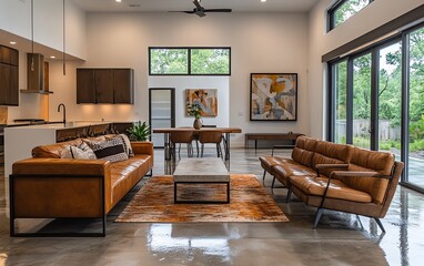 Sophisticated industrial living room featuring polished concrete floors, a mix of sleek and rustic furniture, and artistic wall decor for a modern touch