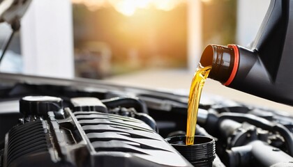 Pouring fresh motor oil into a car engine as a symbol of car maintenance and care