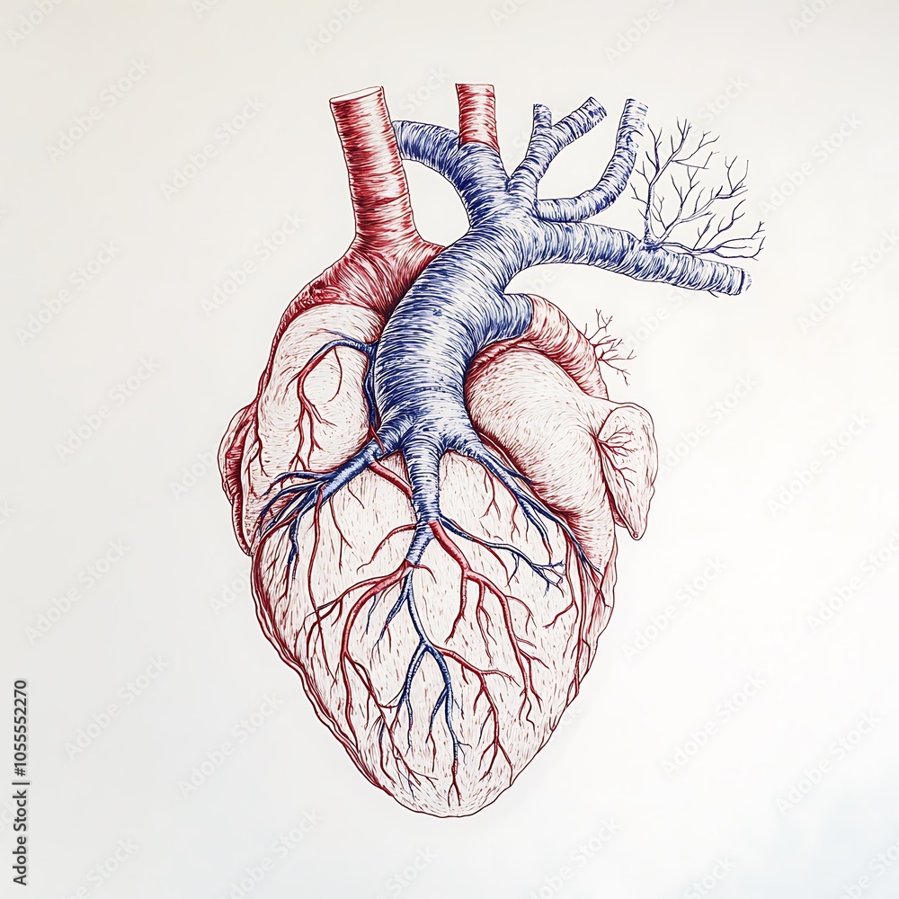 A detailed illustration of a human heart with its arteries and veins on ...