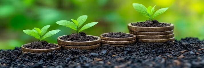 Stacks of Coins with Growing Plants Symbolizing Investment Growth and Financial Success