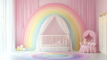 Dreamy pastel rainbow mural in baby room, soft ambiance, 3D illustration