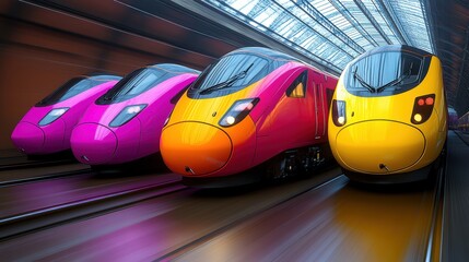 Canvas Print - Four colorful high-speed trains in station.