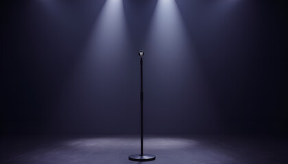 Microphone stand under dramatic lighting on a dark stage ready for performance
