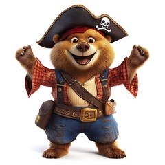 Wall Mural - A cartoon bear in a pirate outfit on a white background.