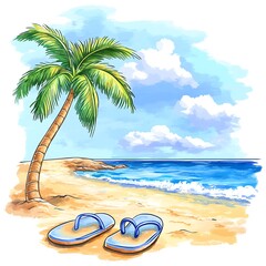 Wall Mural - A cartoon pair of flip-flops next to a beach on a white background.