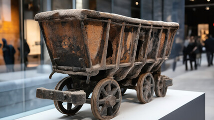 Rusty vintage mining cart with large wheels displayed indoors, symbolizing industrial heritage and historical mining practices.